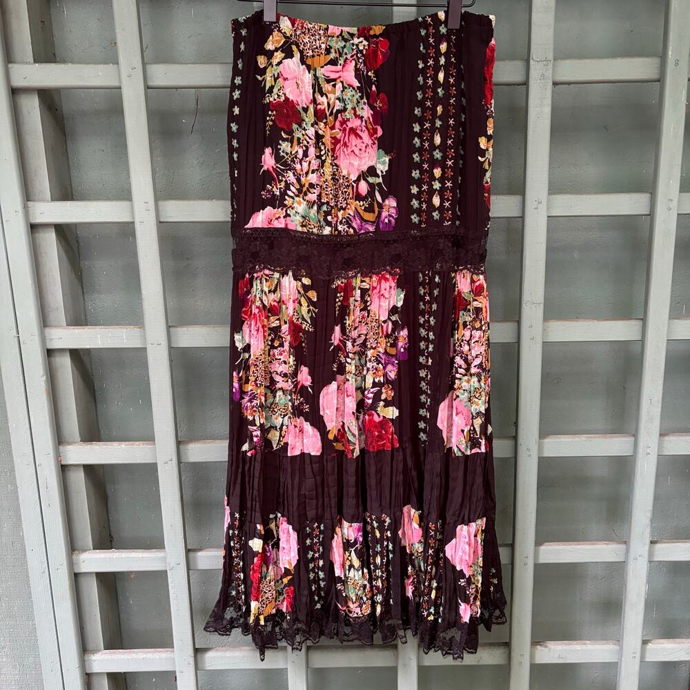 Boho Floral Lace-Trim Tiered Midi Skirt- Sz M- Whimsygoth 90s Vintage - Picture 2 of 6